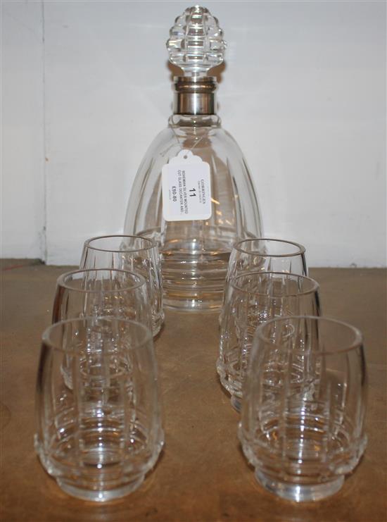 Bohemian silver mounted cut glass decanter and stopper and six matching small tumblers, decanter 25cm(-)